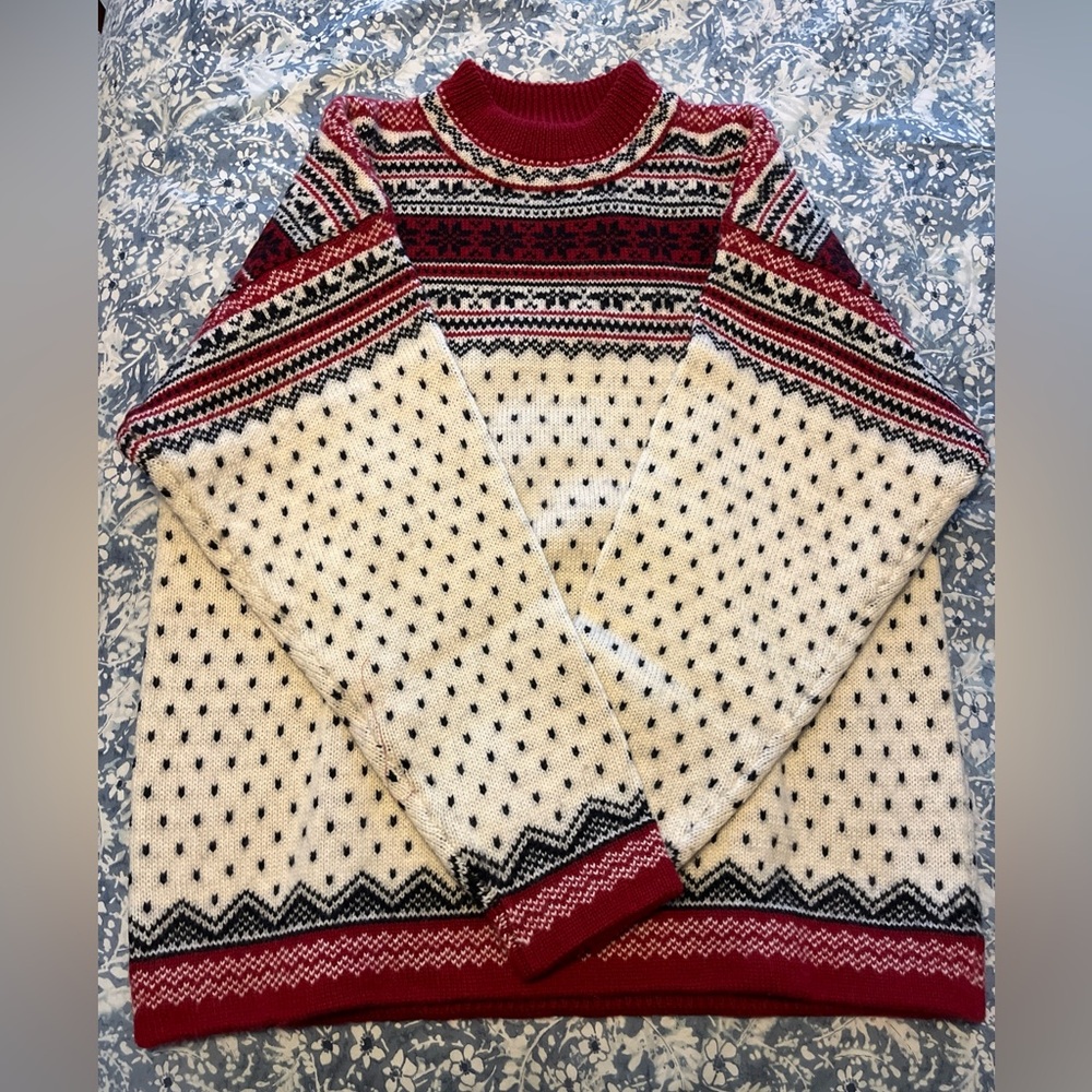 Lands' End Women's Red and Cream Patterned Crewneck Sweater